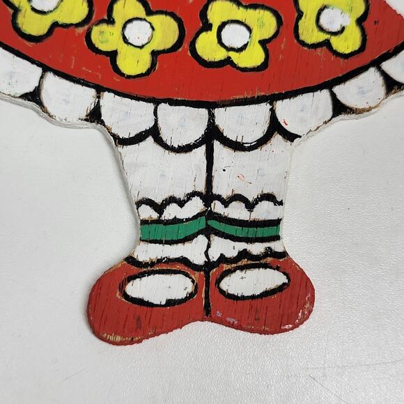 VINTAGE Wooden Girl Christmas Ornament 4" Red Hand Painted Flat Double Side 70s - Picture 6 of 12